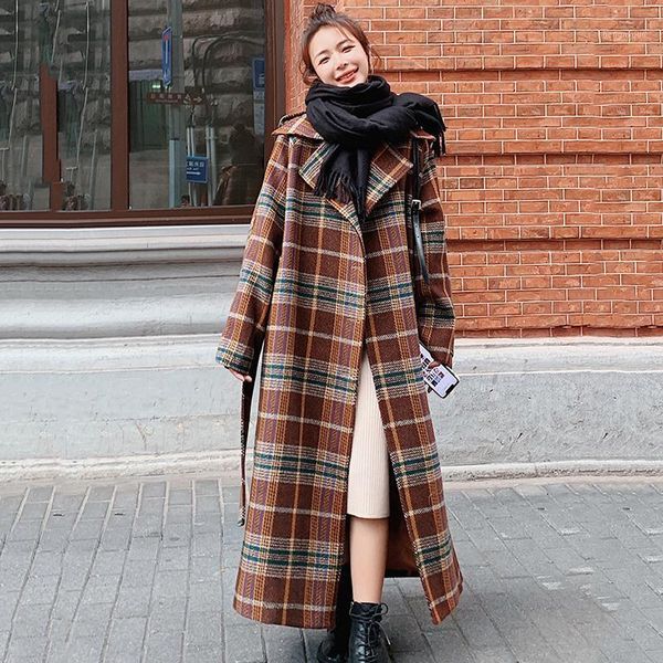 

women's wool & blends plaid windbreakers outerwear 2021 autumn winter jacket female mid-length loose thick high-end overcoat manteau, Black