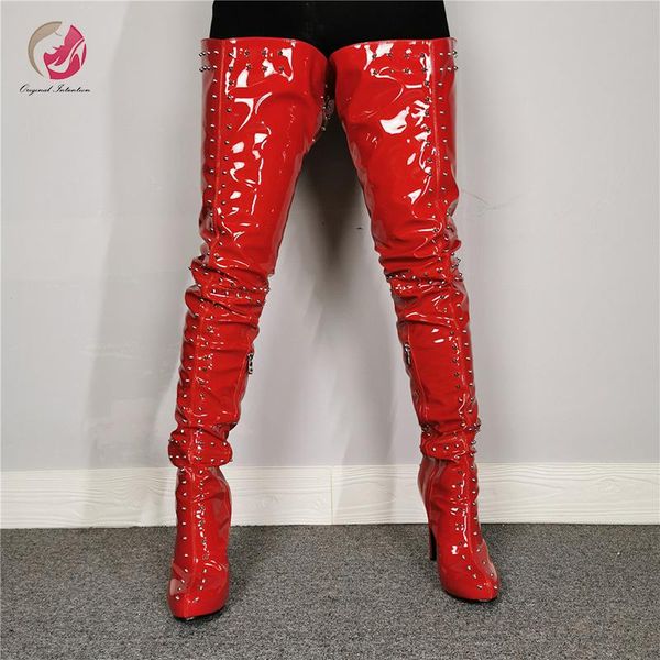 

boots original intention fashion patent leather rivets red thigh high woman round toe platform party shoes female plus size, Black