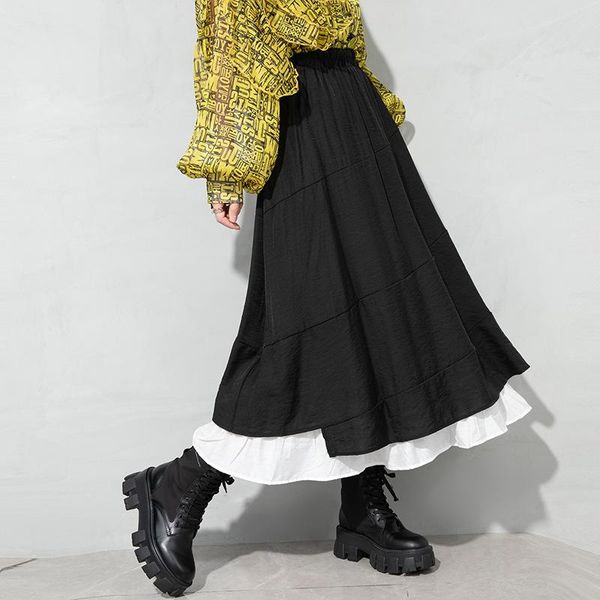 

skirts seebeautiful stitching loose irregular half-body skirt elastic waist fake two pieces fashion spring summer 2021 woman e262, Black
