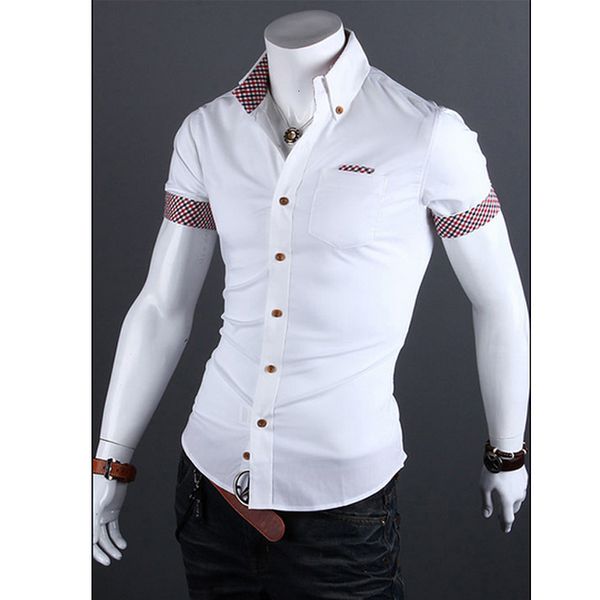 

men's casual shirts fashion summer leisure male plaid shirt short sleeves patchwork youth cotton business evening shi, White;black