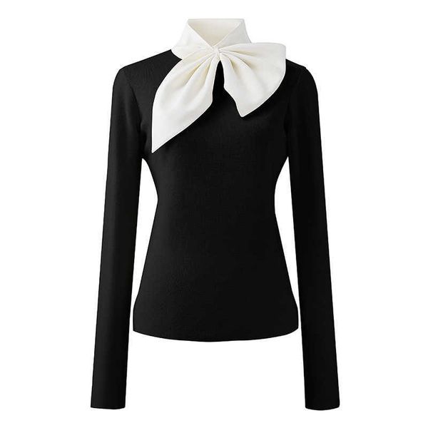 

getspring women sweater bow patchwork black white knit plus size casual vintage s pullovers 210601, White;black