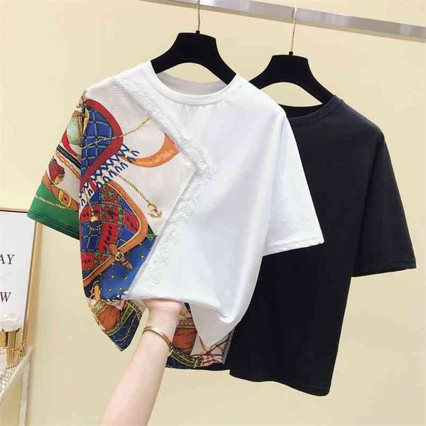 

summer vintage print patchwork loose t shirt women short sleeve drilling tee femme fashion white black tshirt 210623