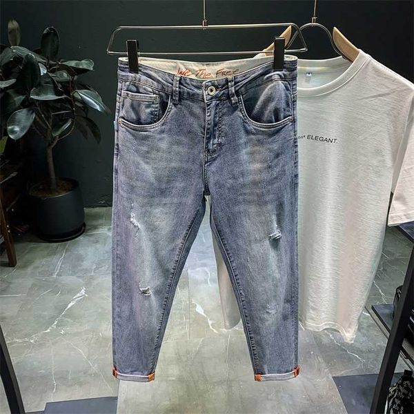 Rasgado jeans jeans homens na moda modelo solto verão fino e elástico pants calças coreanas harem adolescentes cortados 211108