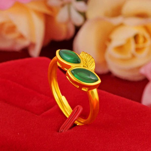 

women's green jade leaves 24k gold plated solitaire ring njgr011 fashion wedding gift women yellow gold plate jewelry rings, Golden;silver