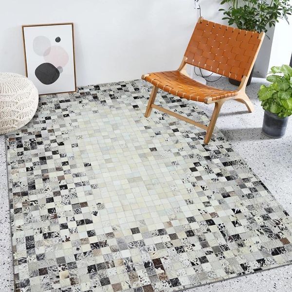 

black & grey/creamy white real leather cowhide patchwork area rugs and carpets