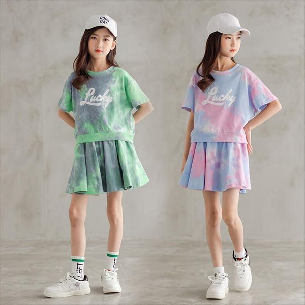 

kids clothes girls sports set summer big outfits tie dye children with safe pants two pieces cotton clothing, White