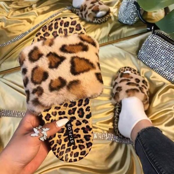 

women leopard print plush indoor slippers woman home faux fur warm shoes casual flats fashion black white stripes fuzzy slides