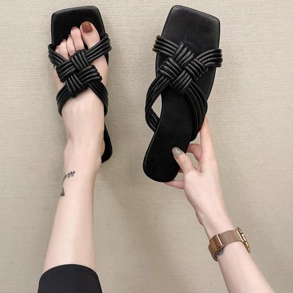 

slippers braid leather women summer flat heel sandals open toe casual holiday weekends outside slides dargs, Black
