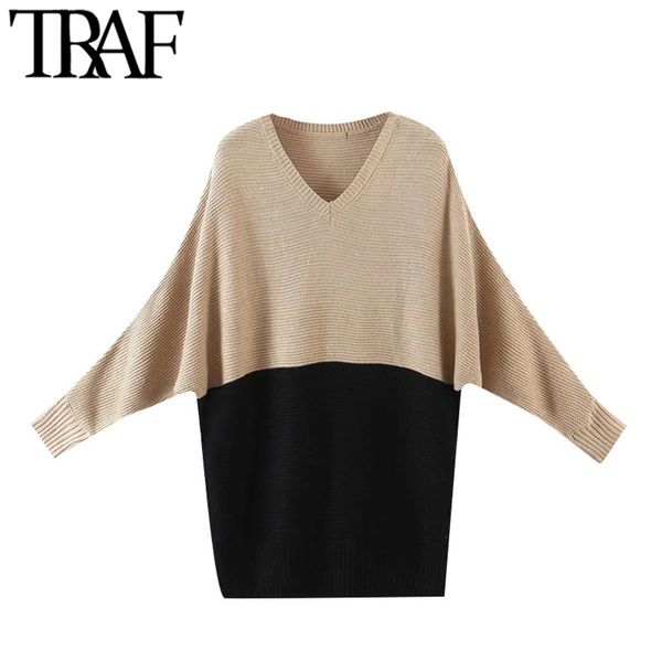 

women fashion patchwork loose knitted sweater vintage v neck batwing sleeve female pullovers chic 210507, White;black