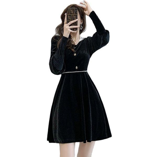 

casual dresses elegant dress in the fall of 2021 retro velvet square neckline waist slimming small black fashionable women's clothing, Black;gray