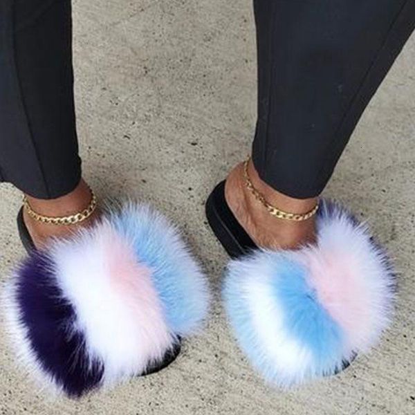 

slippers winter woman indoor furry desire bedroom slides soft eva real fur sandals fluffy multicolor flip-flops slide inmf, Black