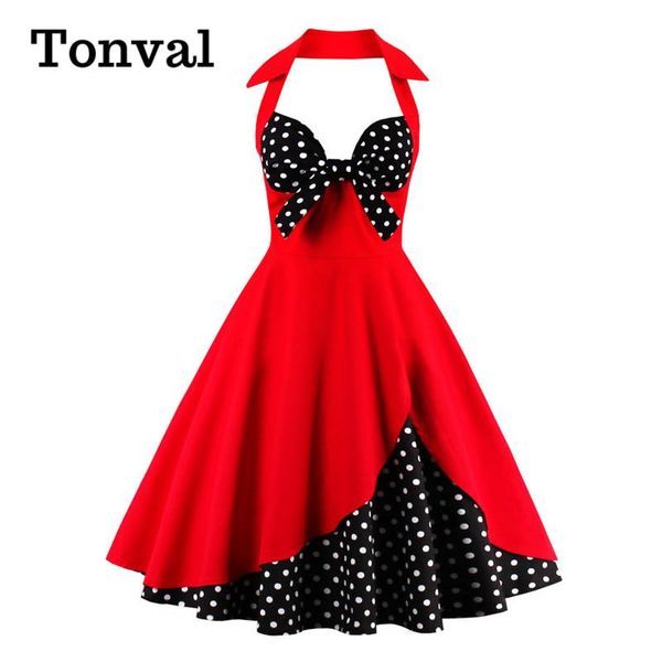 

casual dresses tonval knot front v-neck halter party women vintage 50s pinup dress black and red two tone backless cotton, Black;gray