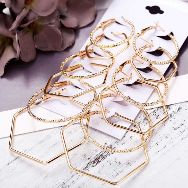 

rock exaggerated earrings geometric polygon 6-piece earring set personalized earring combination, Golden