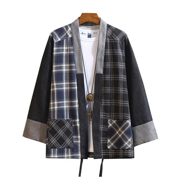 

japanese men cotton plaid kimono japan haori outterwear hanten coat fashion male samurai clothing yukata clothes ethnic, Red
