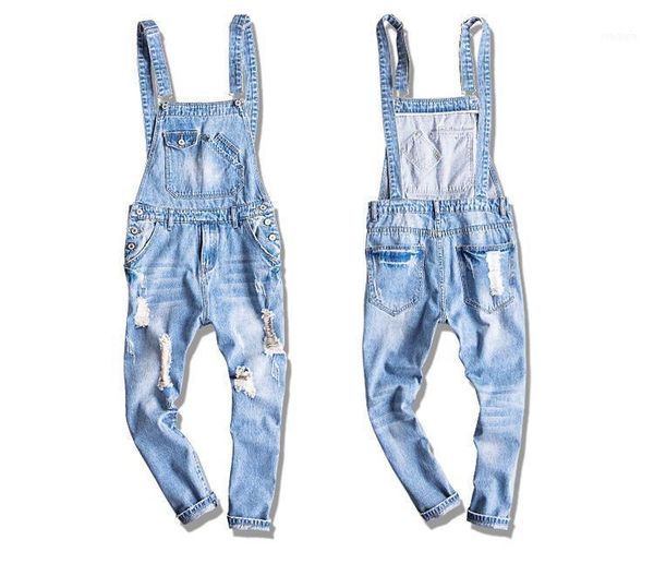 

summer mens ankle length light blue ripped denim jumpsuits plus size distressed jeans bib overalls a531041