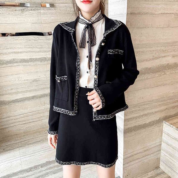 

skirt autumn winter clothes vintage elegant kintted 2 set women jacket coat mini suit two piece outfits crop conjuntos d28g, Black