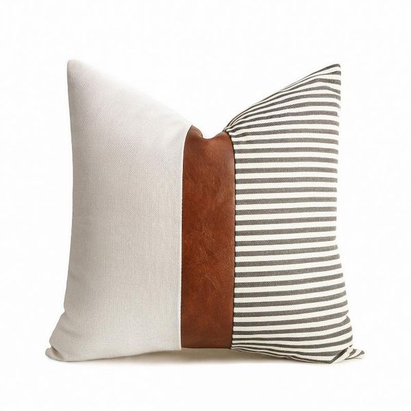 

cushion/decorative pillow striped linen farmhouse throw covers, patchwork tan faux leather covers modern decor for couch sofa bedroom