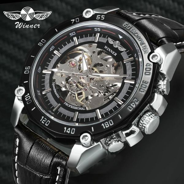 

wristwatches winner fashion dress automatic mechanical mens watches skeleton dial leather strap big cass business wristwatc, Slivery;brown