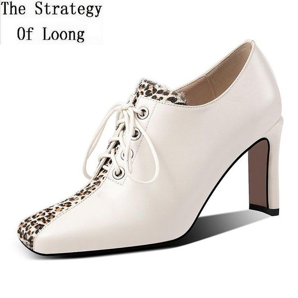 

dress shoes spring autumn fashion women genuine leather color block pumps ladies square toe patchwork thick high heels lace-up 200110, Black