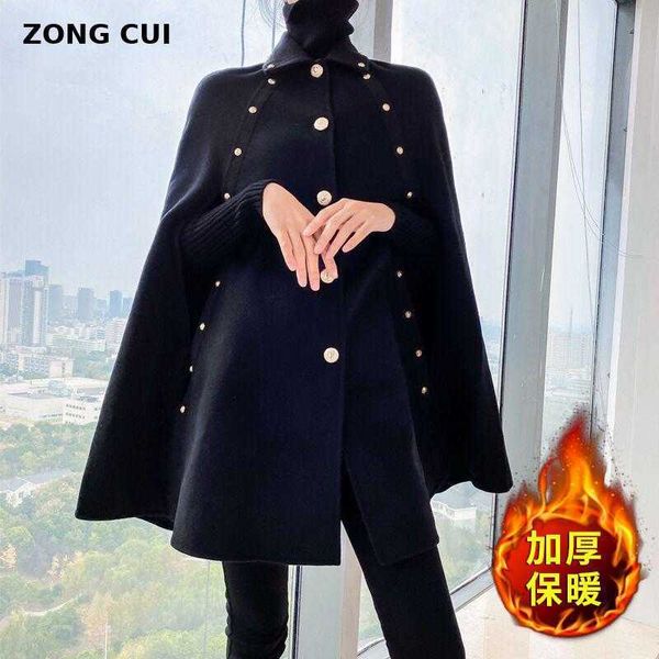 Черный мыс шерстяной пальто Женщины осень зима средняя длина свободная шаль винтаж плащ шерстяное пальто плюс размер jacke 210930