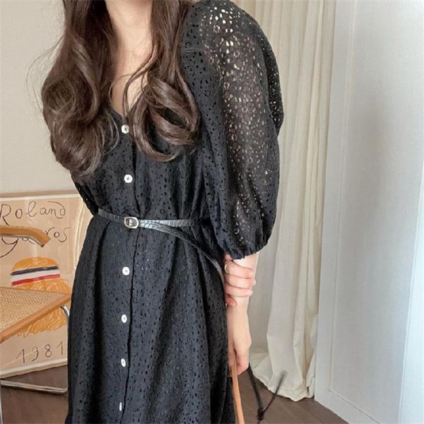 

casual dresses hzirip minimalist lace ladies loose summer all-match femme prom elegance sweet long vestidos with sashes, Black;gray
