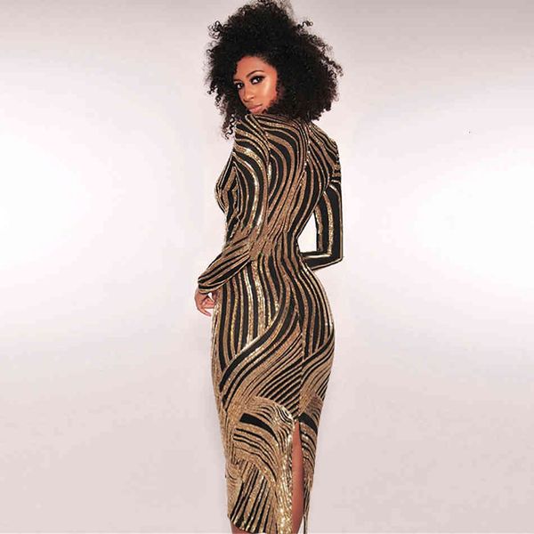 

casual dresses 2021 autumn school new gold sequin women's midi long sleeve deep v-neck bodycon evening party vestidos ih27, Black;gray