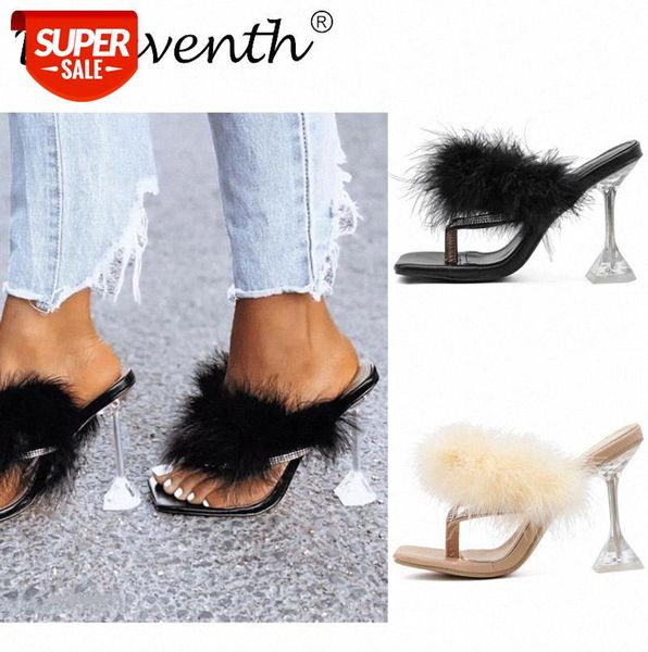 

woman shoes european and american style rhinestone hairy transparent wine glass with flip flops #to8u, Black