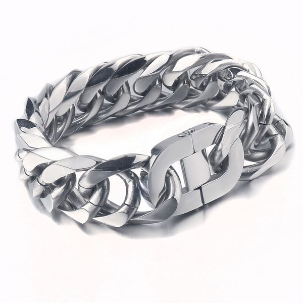 

22mm heavy men's stainless steel chain bracelet chunky polished punk rock curb cuban link 8.5 inch length with velvet bag, Black