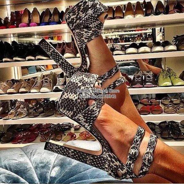 

snakeskin chunky heel sandals peep toe ankle strap high platform dress shoes printed python gladiator, Black
