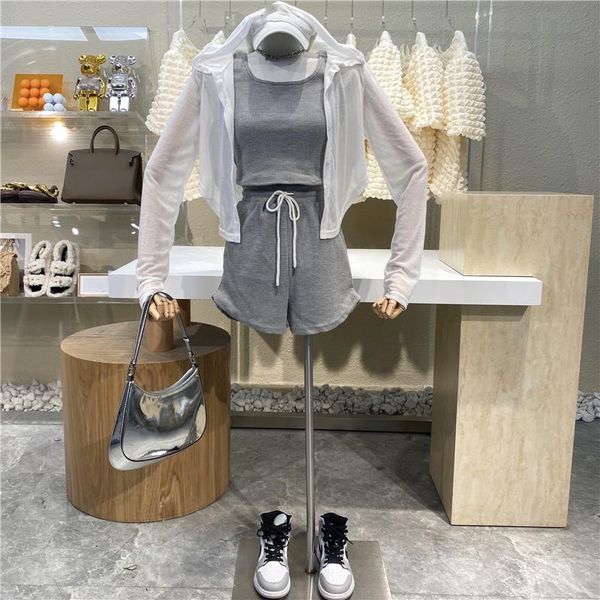

women's tracksuits 2021 thin loose hat long sleeve sun protection cardigan + short vest drawcord waist wide leg shorts casual sports su, Gray