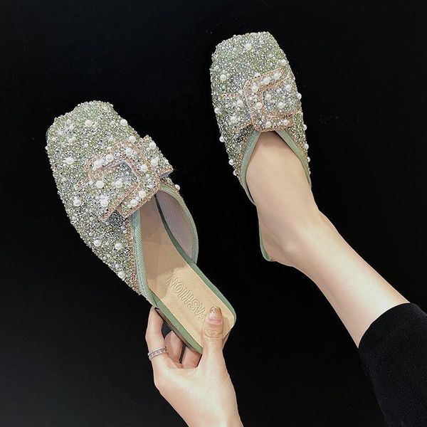 

all-match women's shoes, slippers, baotou half summer outer wear, square toe british style x727 slippers, Black