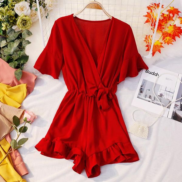 

women's pants & capris seaside holiday hipster v-neck bell sleeve high waist lace-up small western style immortal ruffles jumpsuit fema, Black;white