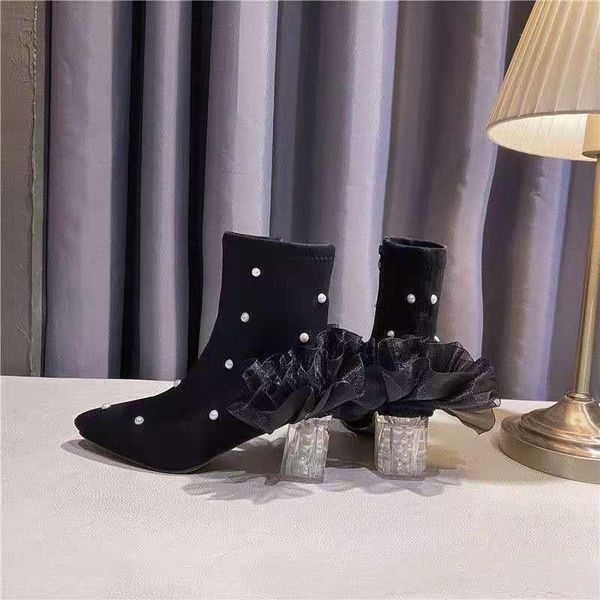 

boots womens round toe pearls lace decor ankle block clear transparent crystal heel shoes black 2021 fashion