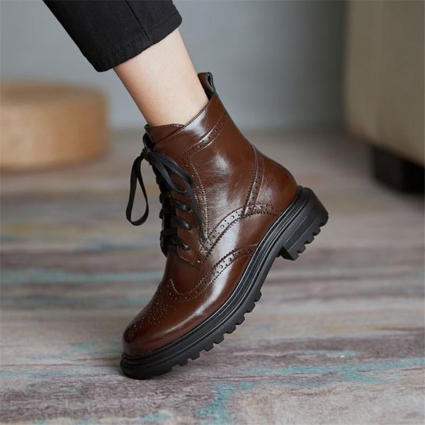 

boots winter women 2021 ankle lace-up low-heeled genuine leather hollow-out decorative pattern, Black