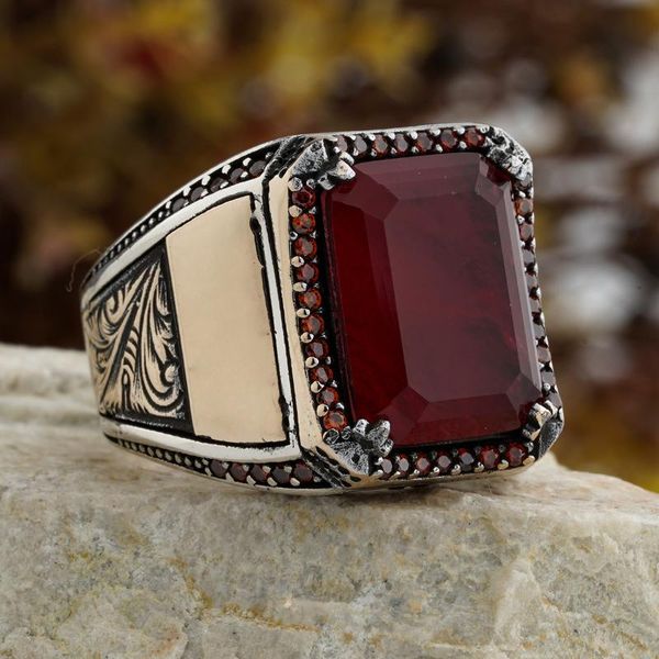 

cluster rings aqeeq agate stone 925 jewelry sterling silver ring fine for men's fashion real vintage gift accessory all size onyx red, Golden;silver