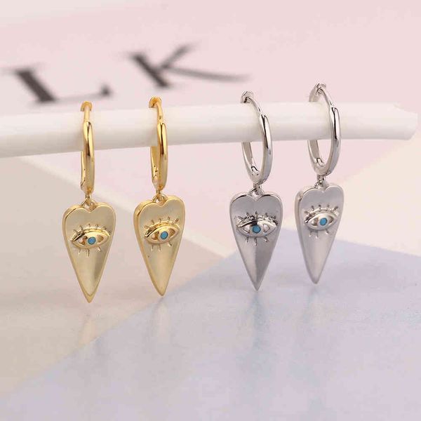 

genuine 925 sterling silver 18k gold heart turkish evil eye piercing hoop earring brinco pendientes for women jewelry 2021 trend, Golden