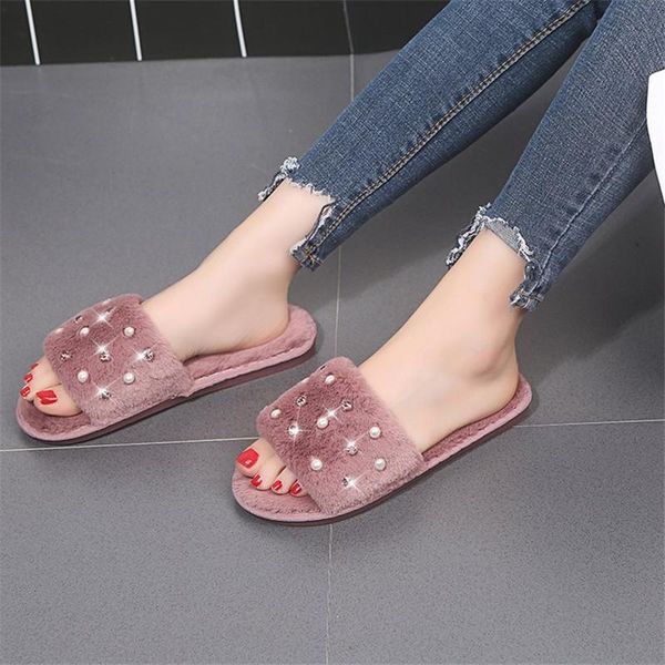 

slippers women plush home cute pearl decor warm flat girls shoes slip on autumn winter indoor furry ladies slides, Black