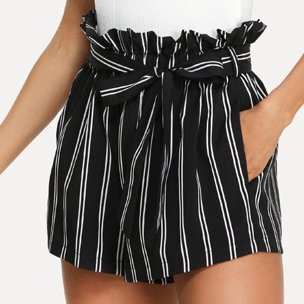

women's shorts stylish bar striped frill trim tie waist paperbag women active wear 2021 casual athleisure, White;black