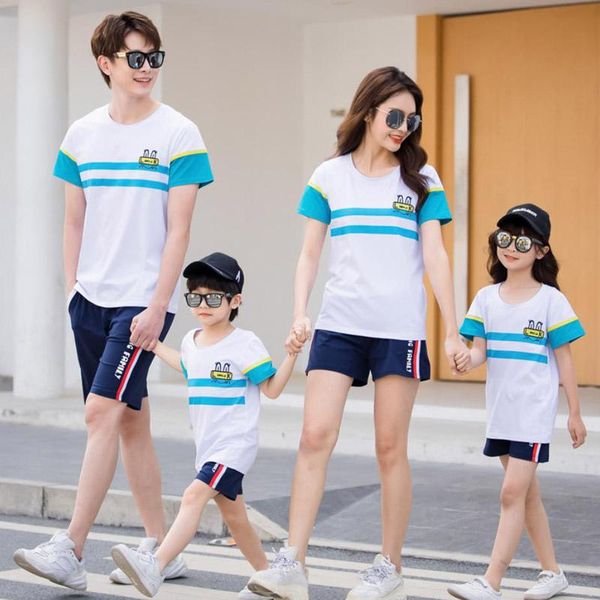 

family matching outfits clothing 2021 summer style t-shirt short pants mother daughter clothes father son set, Blue