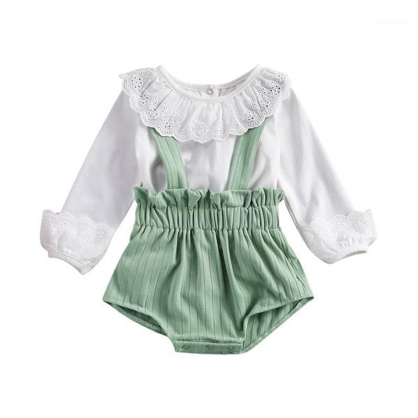 

clothing sets emmababy 2021 autumn 0-24m toddler baby girl 2pcs set green suspender shorts+white lace ruffled neck long sleeve spring1