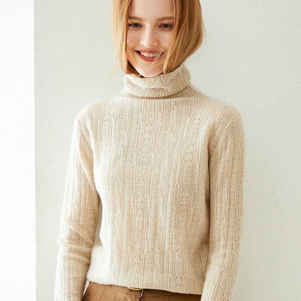 

women's two piece pants bottoming shirt turtleneck cashmere sweater in autumn and winter slim pile collar 100% pure hunv, White