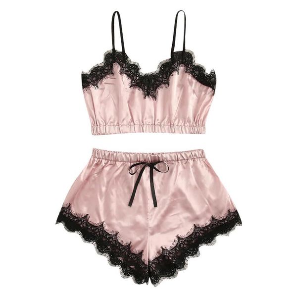 

womens sleepwears satin silk pijamas for women shirt sleeve pyjama pajamas nightwear female sleepwear sleeveless lace up home, Black;red