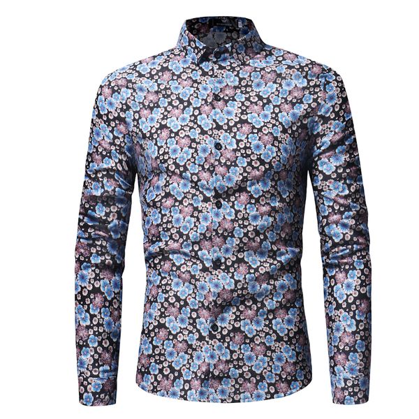 

spring autumn mens long sleeved shirts floral printed slim fit shirts turn down collar single breasted shirts, White;black