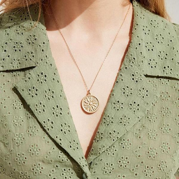 

pendant necklaces women fashion round coin sun pattern necklace party chain jewelry birthday gift, Silver