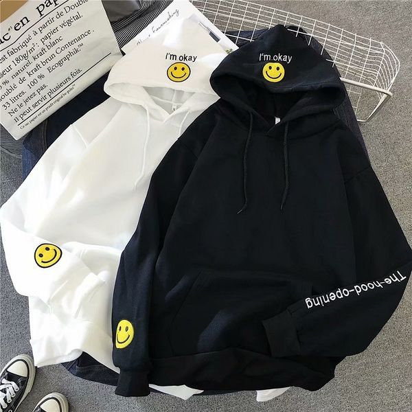 

hoodie for man spring korean men's long sleeve hooded sweater bf style loose trend bottomed round collar smiling face student versatile, Black