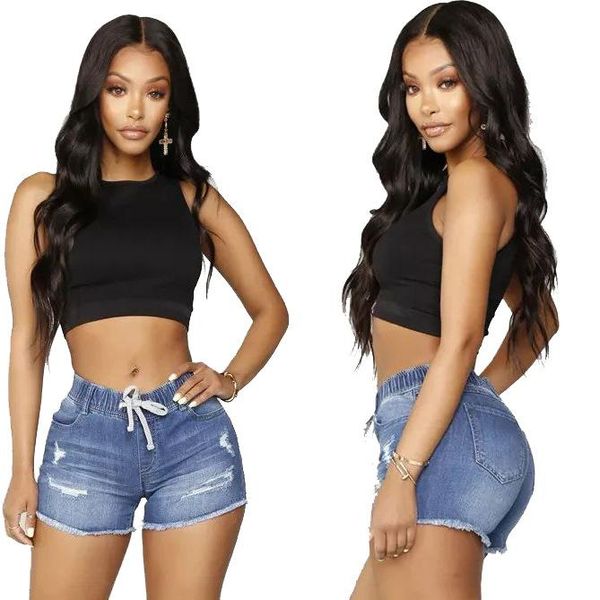 

women's jeans fashion trend slim washed denim shorts with ripped holes, Blue