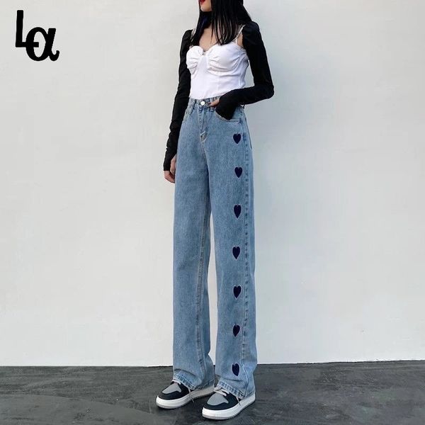 

wide leg jeans women love printed vintage harajuku loose casual denim pants spring street high waist woman trousers 210519, Blue