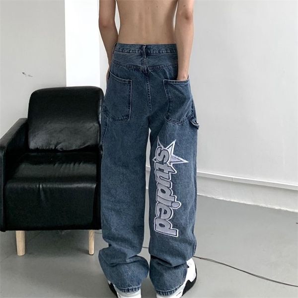 

autumn streetwear retro hip-hop letter embroidery jeans loose straight-leg pants wide-leg for men and women couples 220308, Blue