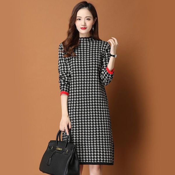 

casual dresses 2021 autumn winter vintage women's wool dress knit printed half turtleneck knitted sweater, Black;gray