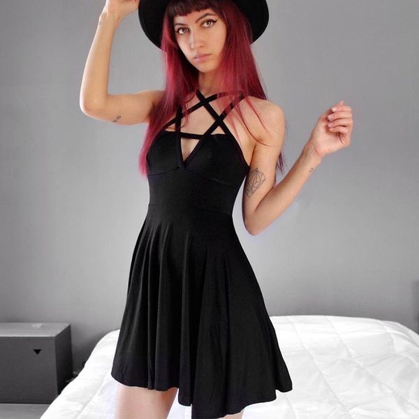 

pentagram strap dress women slim 2021 a-line dark sleeveless summer dresses, Black;gray